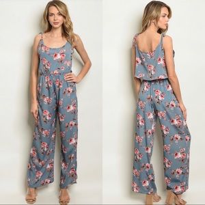 Dusty blue floral print jumpsuit